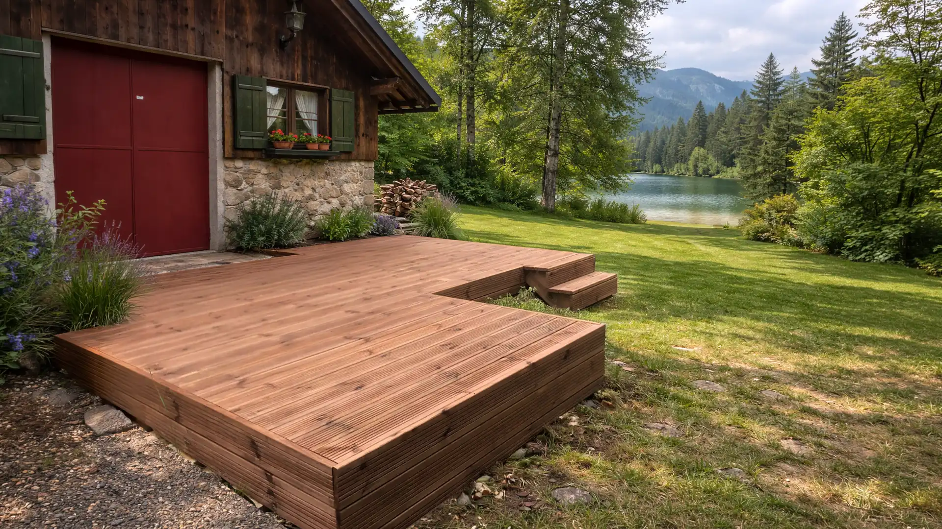 Pergola murale bois : guide d'achat et conseils de pose 3 Terrasse bois pin sous pergola murale aménagée avec salon d'été extérieur