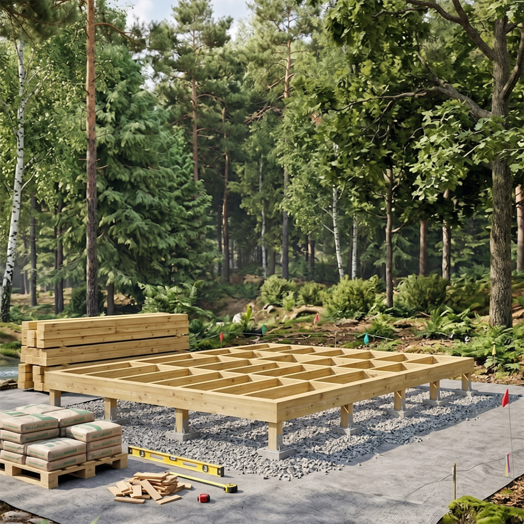 Préparation du solivage bois pour installation d’un studio de jardin sur plots réglables