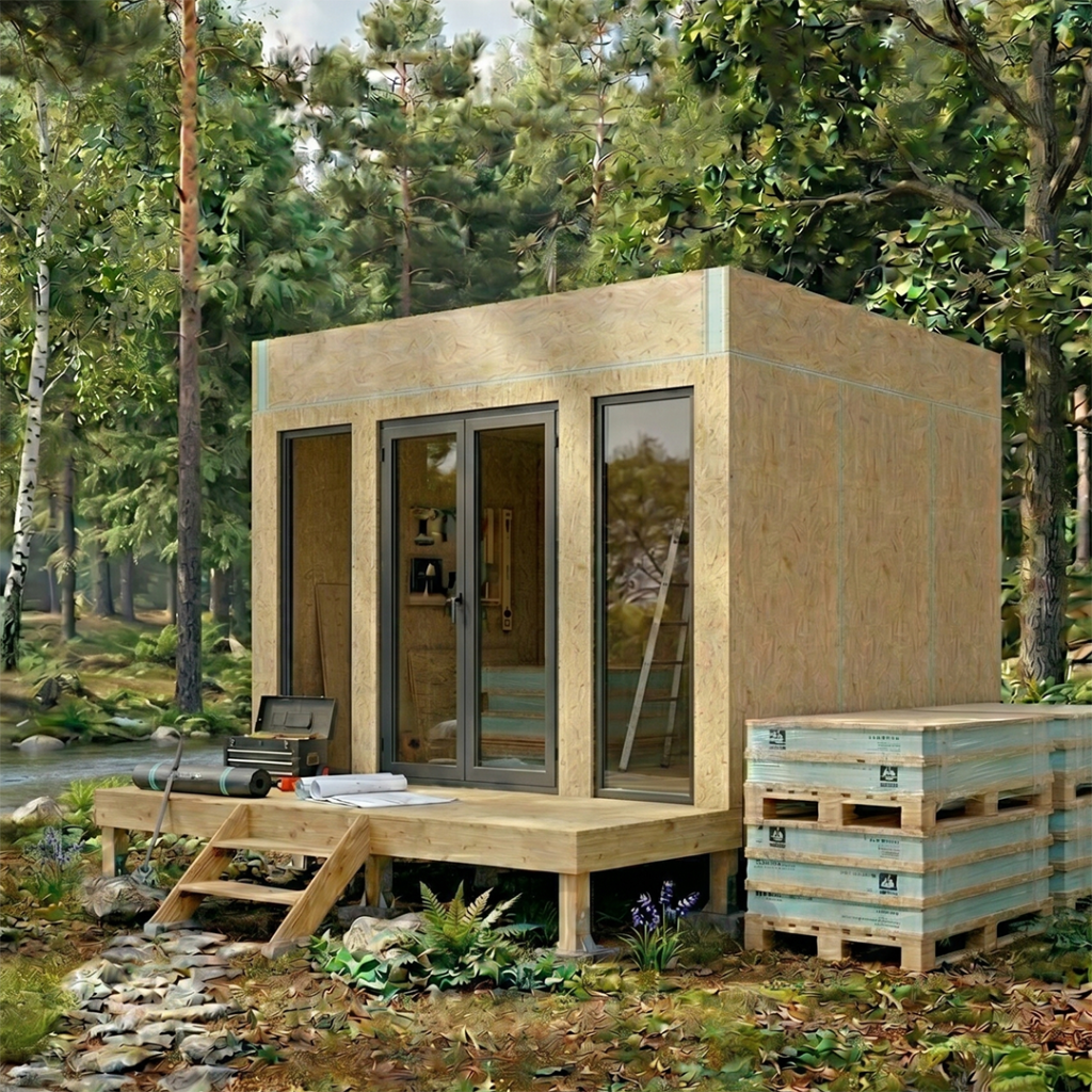Montage de la structure isolée d’un studio de jardin avant pose du bardage bois