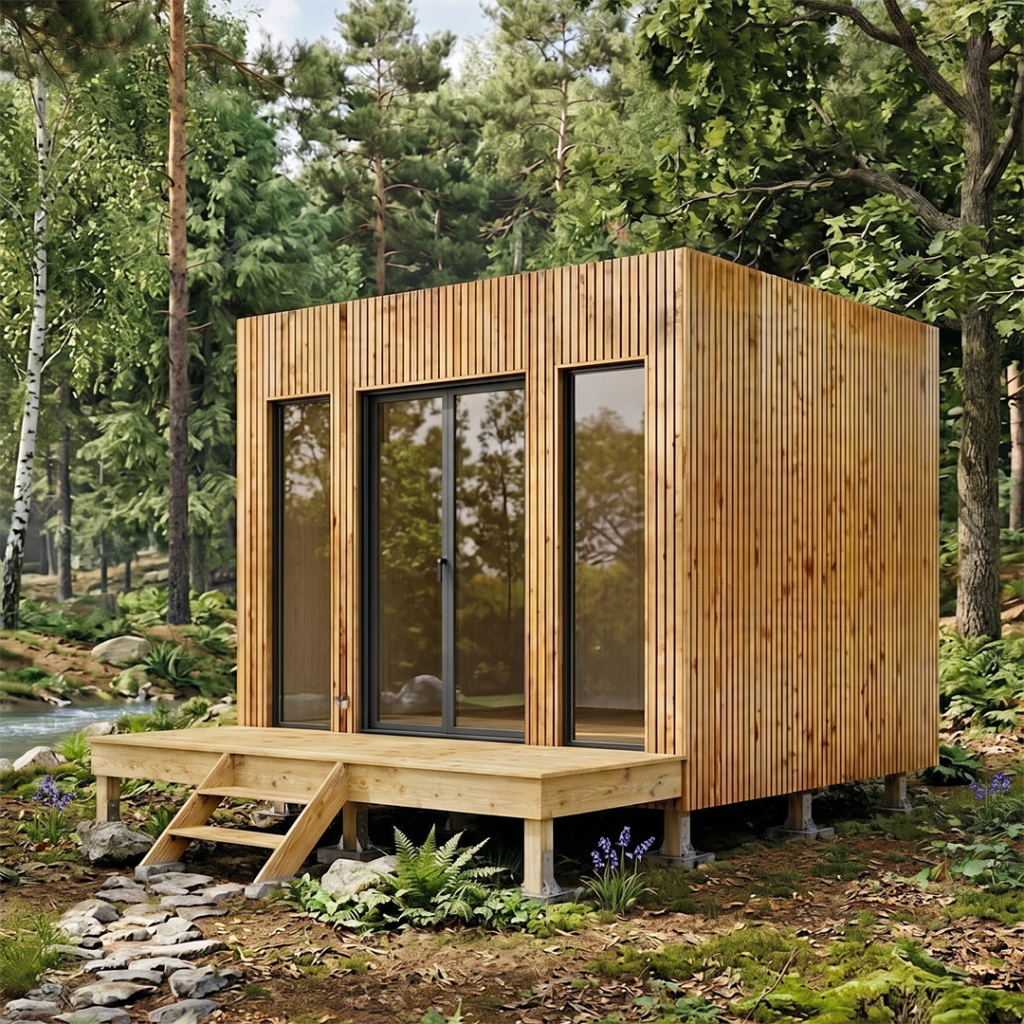 Studio de jardin en bois Douglas terminé avec terrasse extérieure en environnement naturel