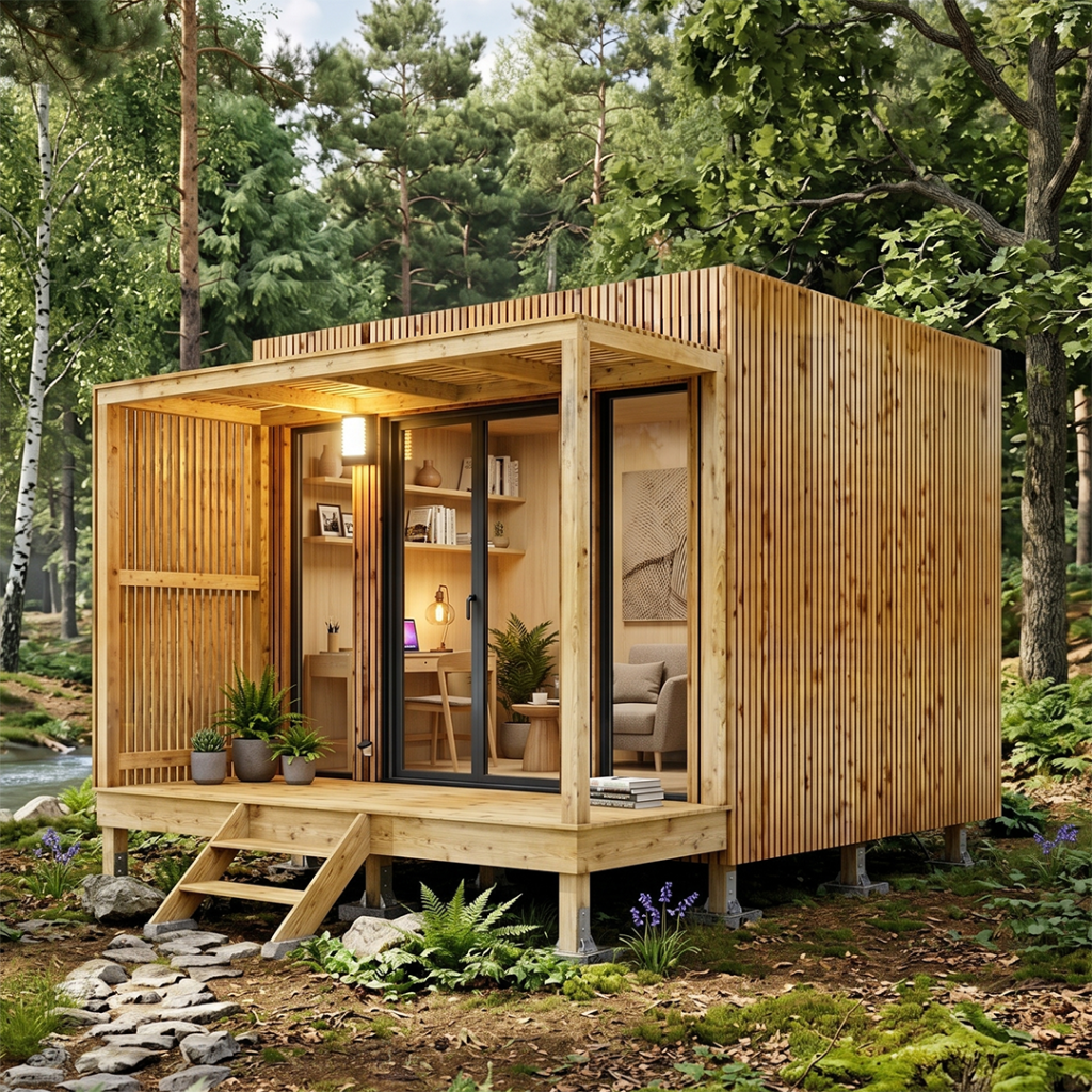 Installation d’un studio de jardin moderne avec pergola bois et espace bureau aménagé
