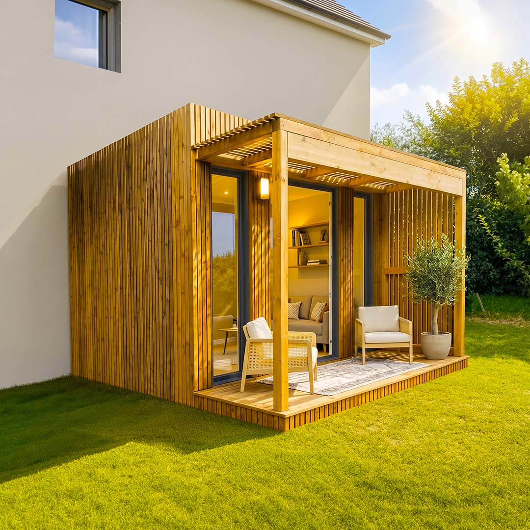 Studio de jardin GEKA 11 avec bardage Pin Douglas accolé à une maison