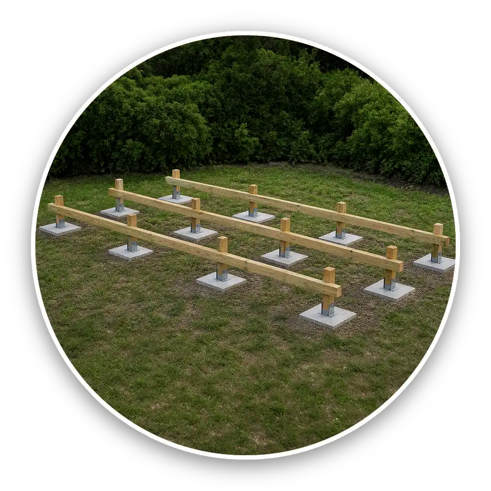 Structure de solivage sur plots pour installation de studio de jardin sur terrain naturel