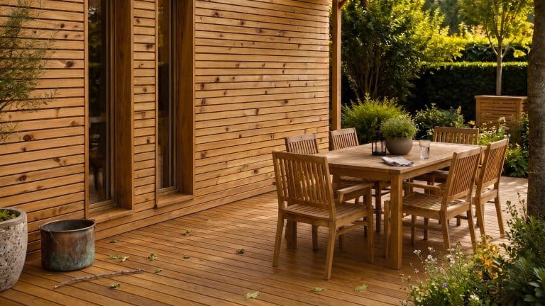 Terrasse en bois aménagée contre une maison au bardage bois, avec une grande table de jardin et six chaises assorties pour les repas en extérieur. Entourée de massifs végétalisés et d’arbustes, cette terrasse offre un espace convivial et chaleureux, idéal pour partager des moments en famille ou entre amis dans un cadre naturel.