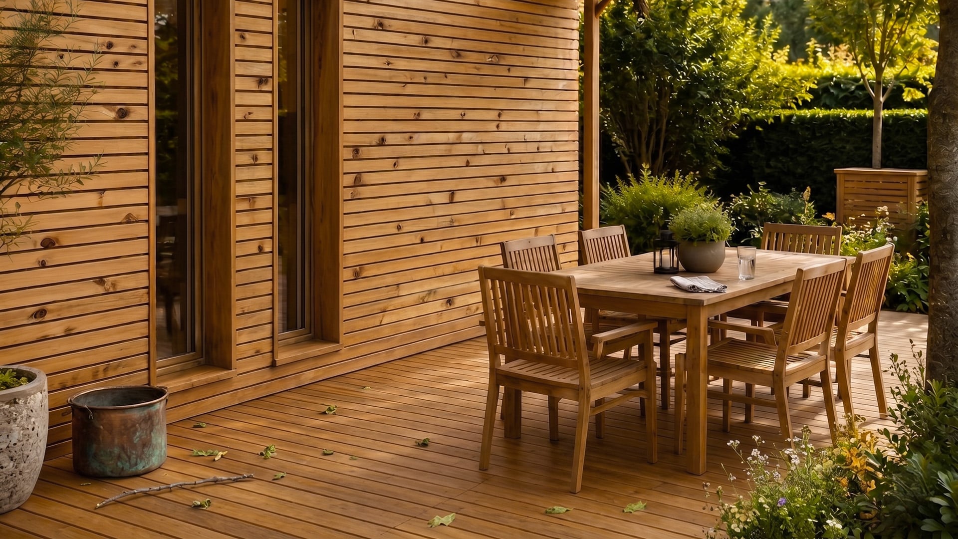 Quand appliquer un saturateur : le bon moment, la bonne méthode 1 Terrasse et bardage en bois Douglas à la teinte miel ravivée par un saturateur