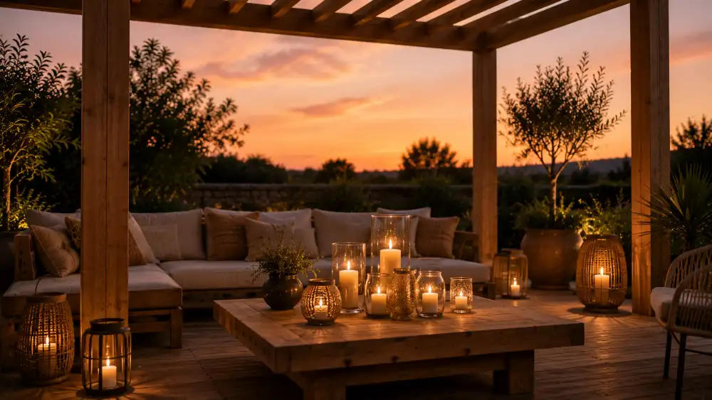 Pergola bois éclairée par un cluster de bougies photophores en verre sur table extérieure ambiance romantique