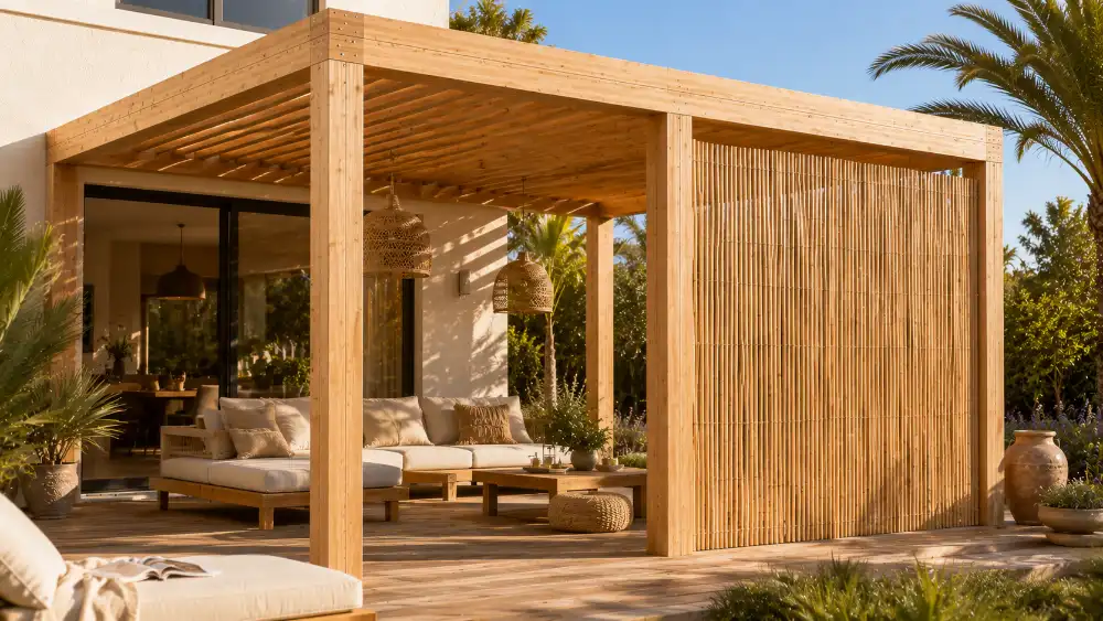 Pergola bois fermée latéralement par un brise-vue en bambou cannisse pour intimité méditerranéenne