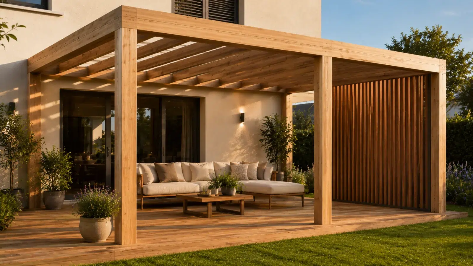 Pergola bois Cover Green avec brise-vue rigide en lames verticales fixé sur un côté pour intimité et coupe-vent permanent