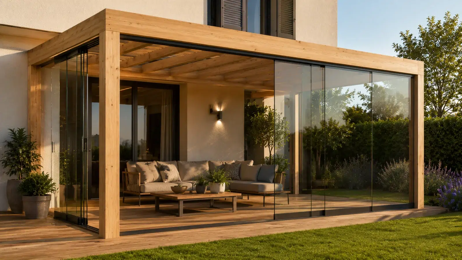 Pergola bois avec cloisons vitrées coulissantes en pin lamellé-collé pour fermer la pergola tout en gardant la transparence