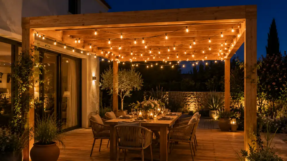 Pergola bois illuminée par des guirlandes guinguette à ampoules edison en zigzag au crépuscule