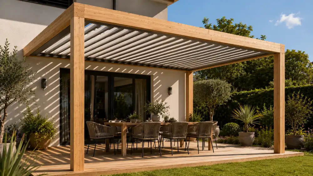 Pergola bois avec lames orientables bioclimatiques en aluminium pour habiller la toiture