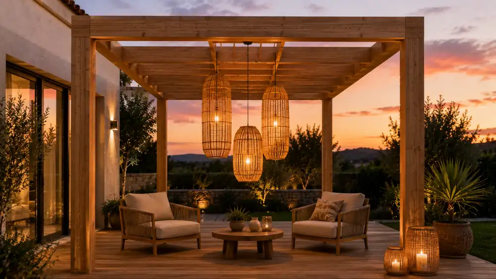 Pergola bois avec trois lanternes suspensions design en rattan bohème chic au coucher du soleil