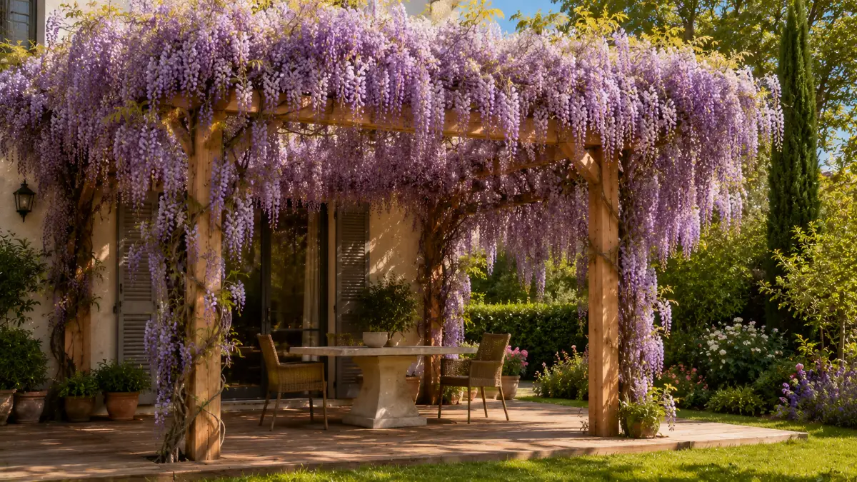 Pergola bois en pin lamellé-collé entièrement recouverte de glycine en fleurs pour une fermeture végétale naturelle