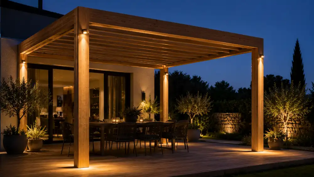 Pergola bois avec spots LED intégrés aux poteaux pour éclairage moderne discret au crépuscule