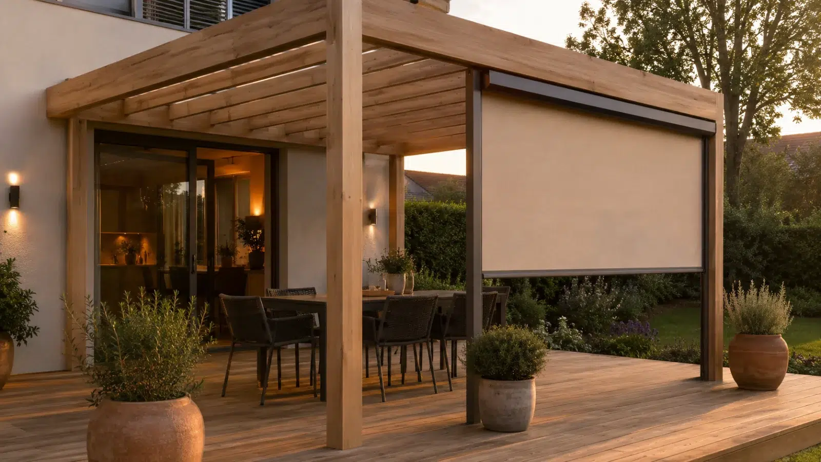 Pergola bois avec store vertical zip déroulé latéralement pour fermer un côté contre le vent et le soleil