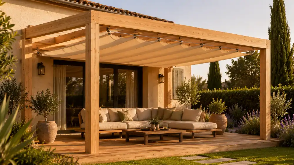 Pergola bois avec toile rétractable horizontale tendue entre les chevrons pour ombrer la terrasse