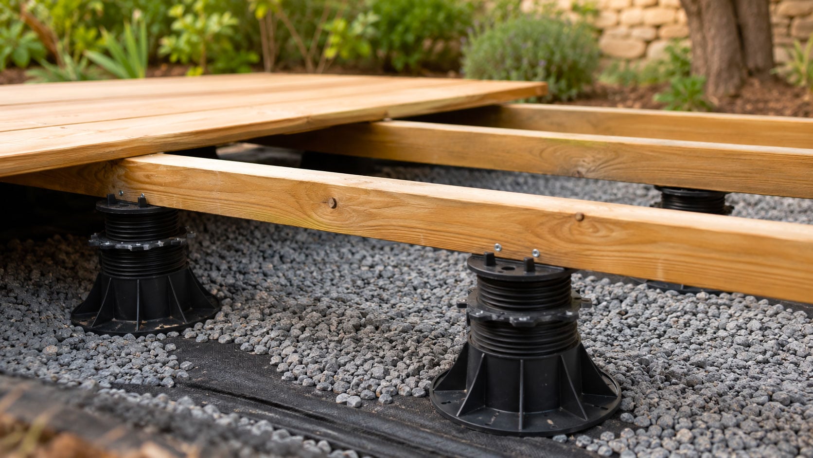 Terrasse bois piscine : essence, pose et règles 3 Plots réglables pour terrasse bois autour d'une piscine pin autoclave