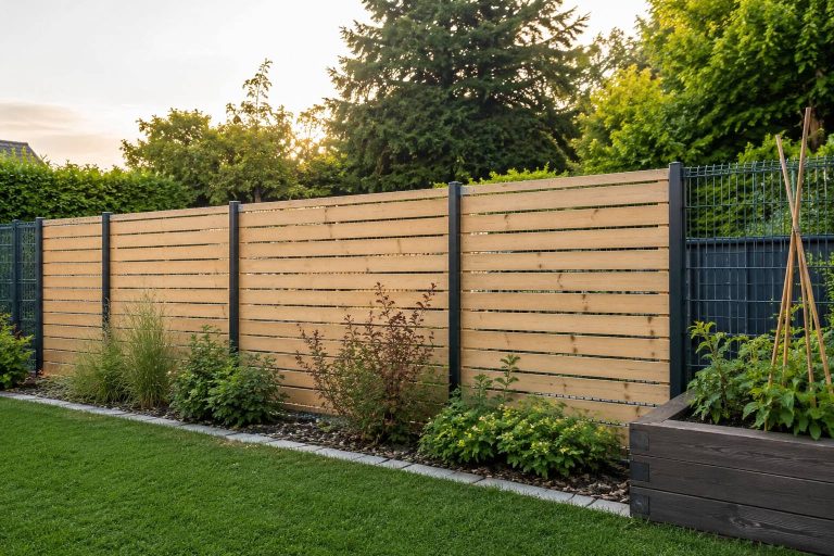 Panneaux brise-vue en lames de bois clair fixes sur une cloture en grillage rigide anthracite dans un jardin, vue d ensemble au coucher du soleil