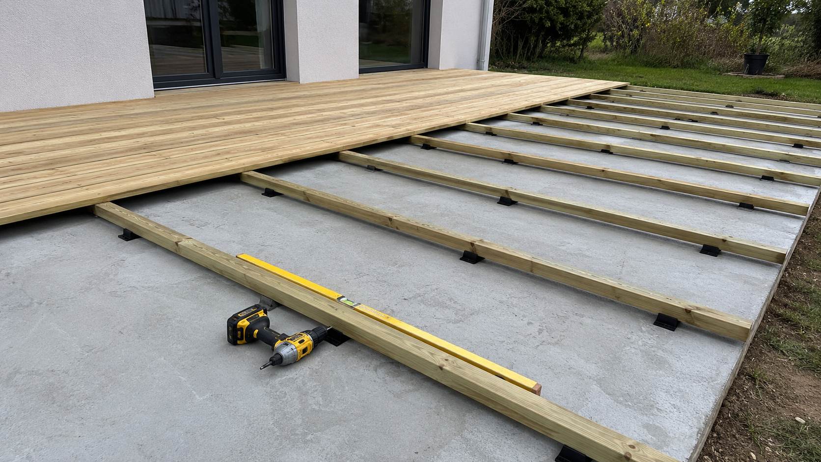 Terrasse bois sur dalle béton : préparation, pose, étanchéité (guide complet) 3 Chantier de pose d une terrasse bois pin classe 4 sur dalle beton avec lambourdes sur cales plastique noires, visseuse et niveau a bulle