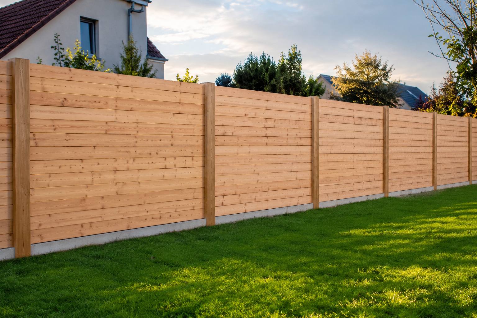 Hauteur d'une clôture de jardin : ce que dit la loi (et votre mairie) 1 Cloture en bois Douglas a lames posee dans un jardin, poteaux reguliers