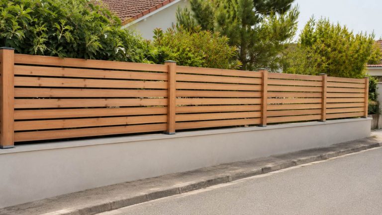 Clôture bois Douglas à lames horizontales installée sur un muret béton enduit vue depuis la rue dans un quartier résidentiel