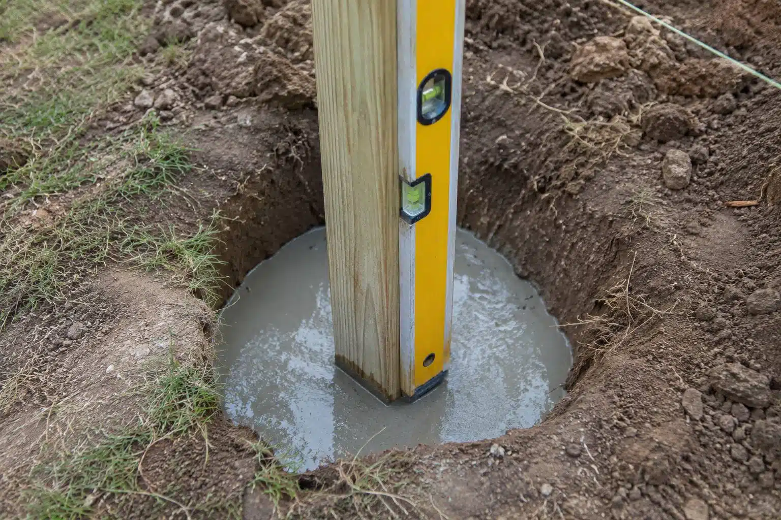Comment poser une clôture bois : la méthode complète (préparation, pose, finitions) 1 Poteau de cloture en bois maintenu droit dans un trou rempli de beton frais, un niveau a bulle verifie l aplomb