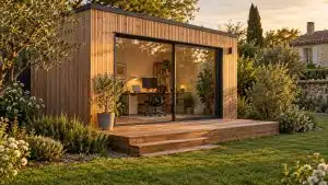 bureau de jardin en bois avec poste de travail visible derrière la baie vitrée