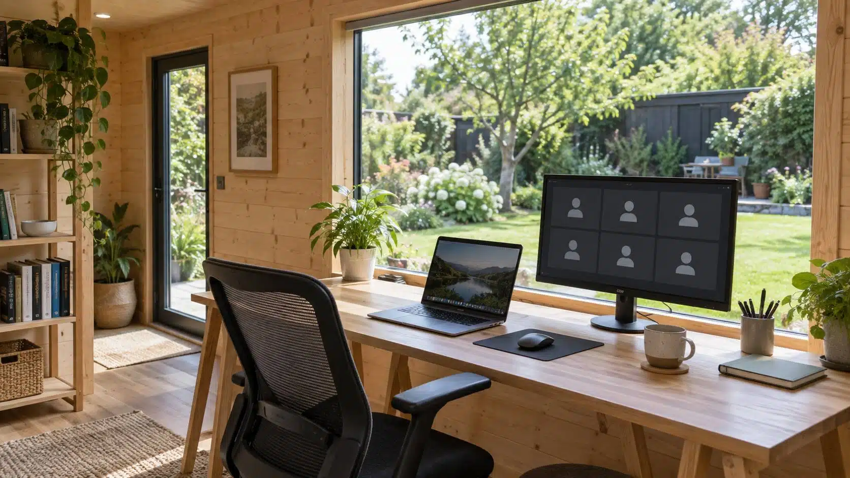 Bureau de jardin en bois : la pièce en plus pour télétravailler 1 bureau de jardin en bois avec poste, écran en visio et vue sur le jardin