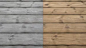 Aménagements de jardin en bois à monter soi-même 14 Terrasse en bois grisee avant degrisage et teinte bois ravivee apres degrisage