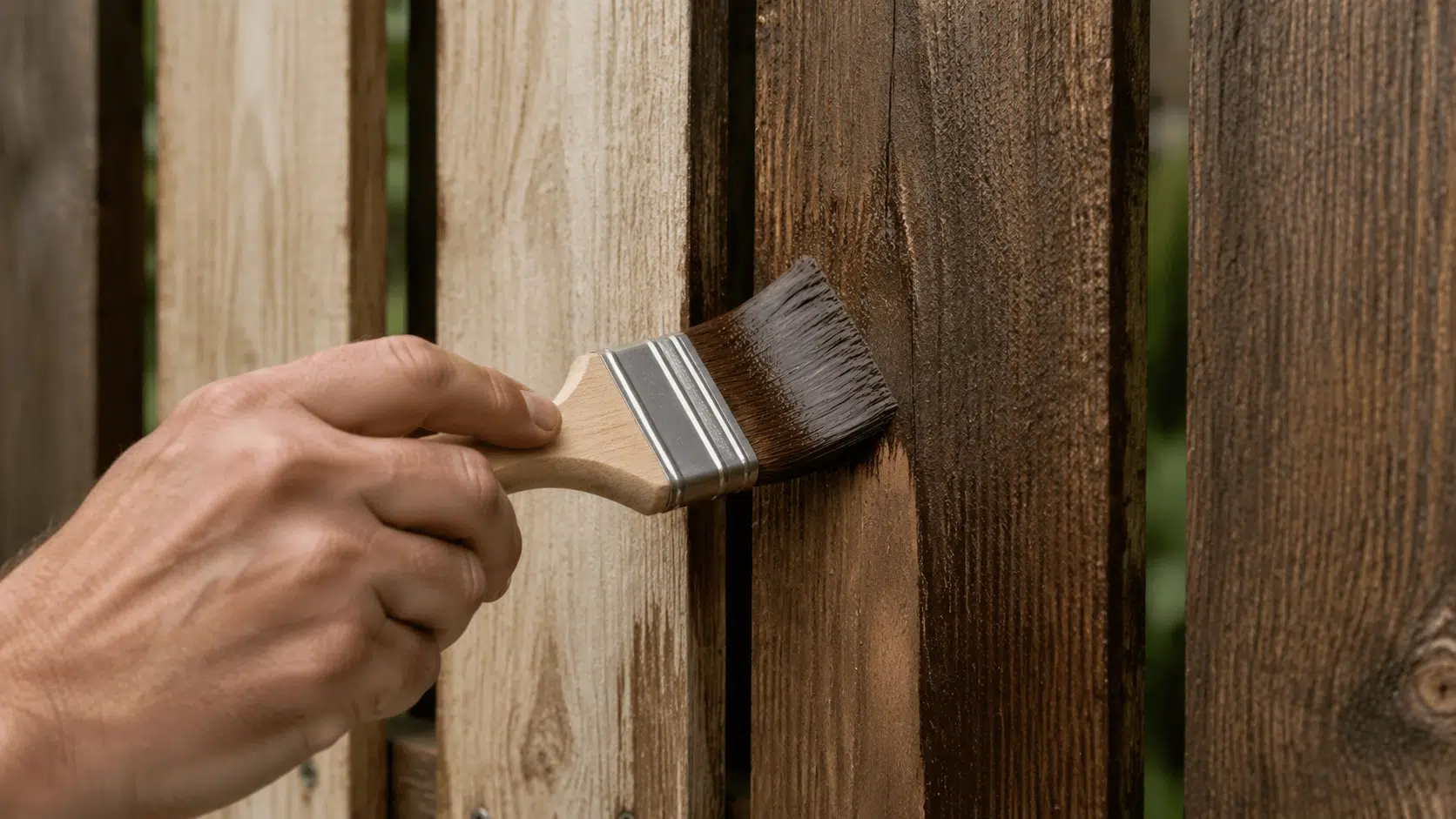 Saturateur ou lasure : quel traitement choisir pour votre bois extérieur 2 Application d'une lasure brune au pinceau sur les lames verticales d'une clôture en bois