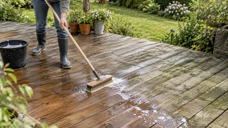 Nettoyage d une terrasse en bois au balai-brosse et eau savonneuse au printemps