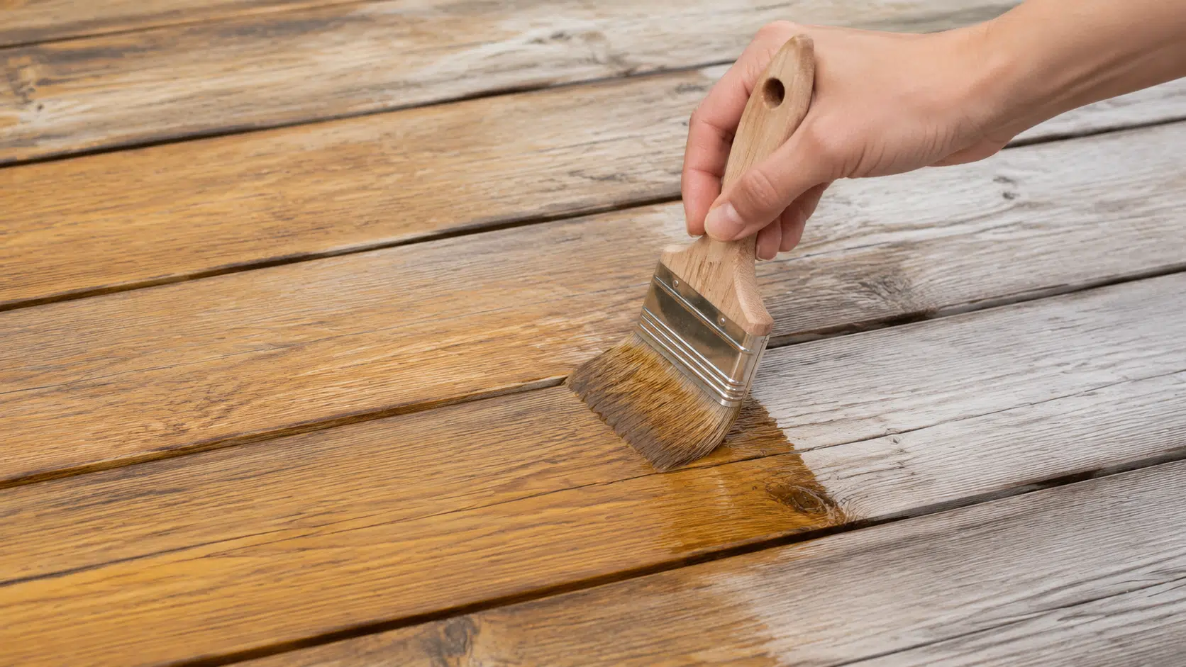 Saturateur ou lasure : quel traitement choisir pour votre bois extérieur 1 Application d'un saturateur teinte miel au pinceau sur les lames grises d'une terrasse en bois
