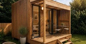 Studio de jardin GEKA en bois installe dans un jardin, Cover Green