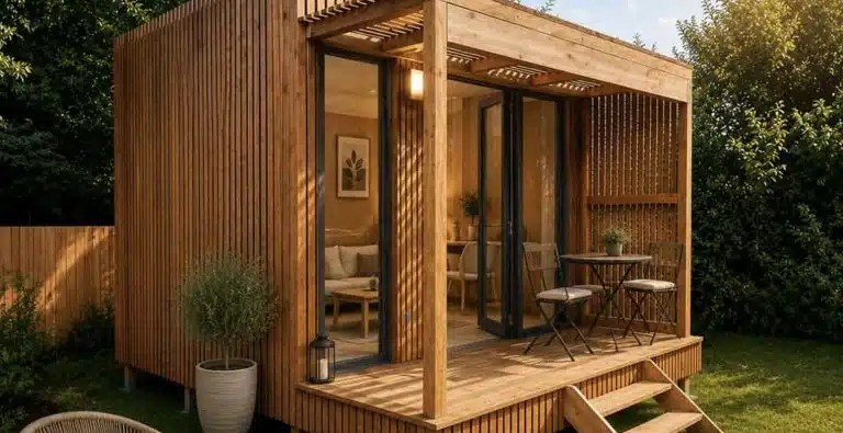 Studio de jardin GEKA en bois installe dans un jardin, Cover Green