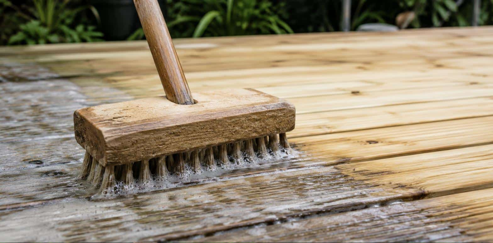Comment nettoyer une terrasse en bois : la méthode simple et sans risque 1 Nettoyage d’une terrasse en bois à la brosse et au savon noir, dans le sens des lames