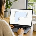 Personne utilisant un ordinateur portable pour concevoir un plan de terrasse sur mesure. L’écran affiche un schéma de terrasse avec dimensions, illustrant la préparation et la personnalisation d’un projet avant la commande d’un kit terrasse.